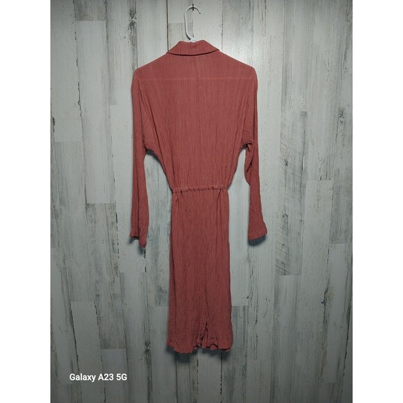 ZARA Shirt Dress Large Belted Crinkle Textured Knee Length Pockets Terra Cotta - Picture 5 of 9